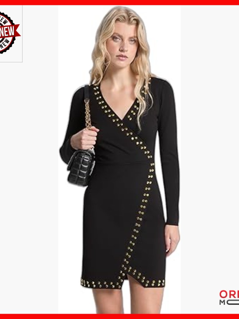 Long Sleeve Wrap Mini Dress With Stud Details, Stretch Polyester